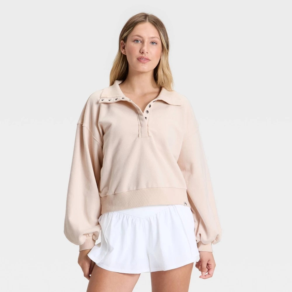 K-184 JoyLab Women's Medium Henley French Terry Sweatshirt - Tan