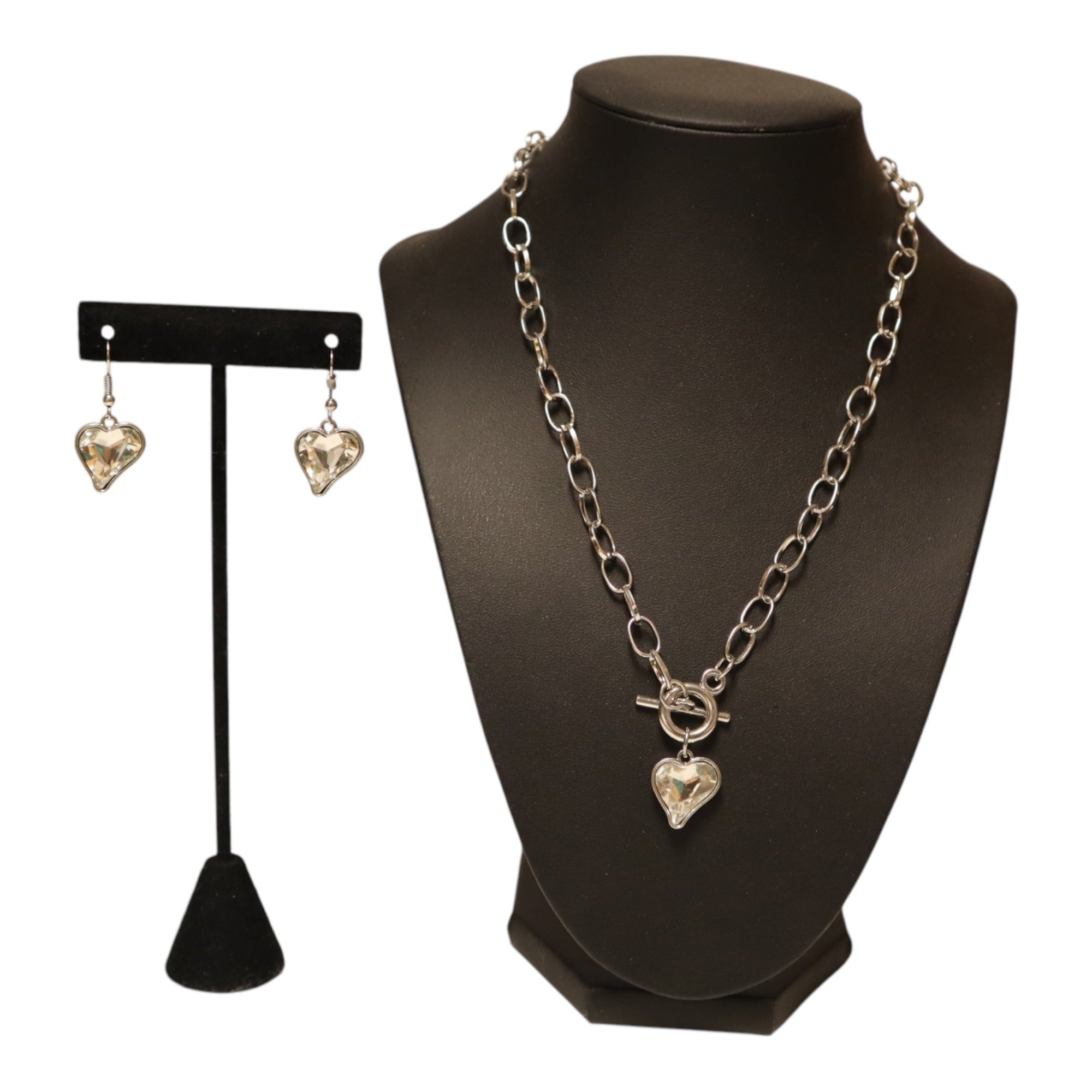 Silver Heart Pendant Necklace & Earrings Set With Toggle Clasp