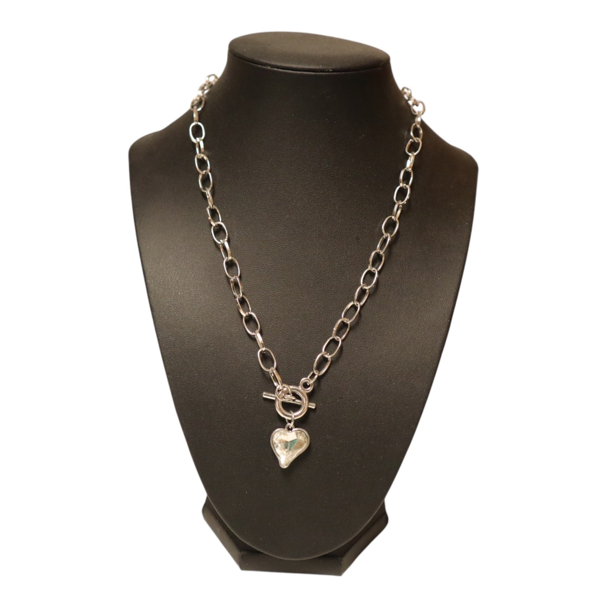 Silver Heart Pendant Necklace & Earrings Set With Toggle Clasp