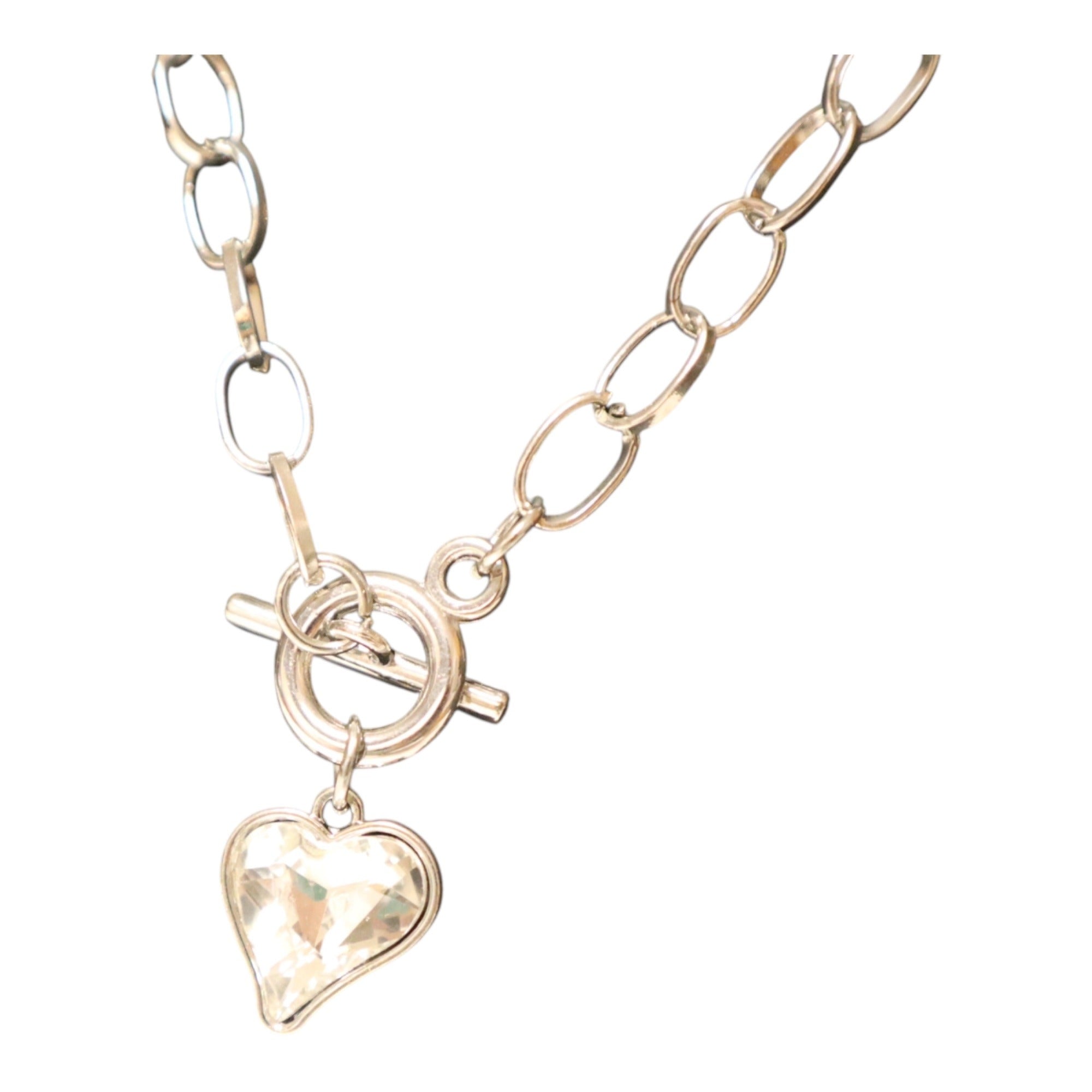 Silver Heart Pendant Necklace & Earrings Set With Toggle Clasp