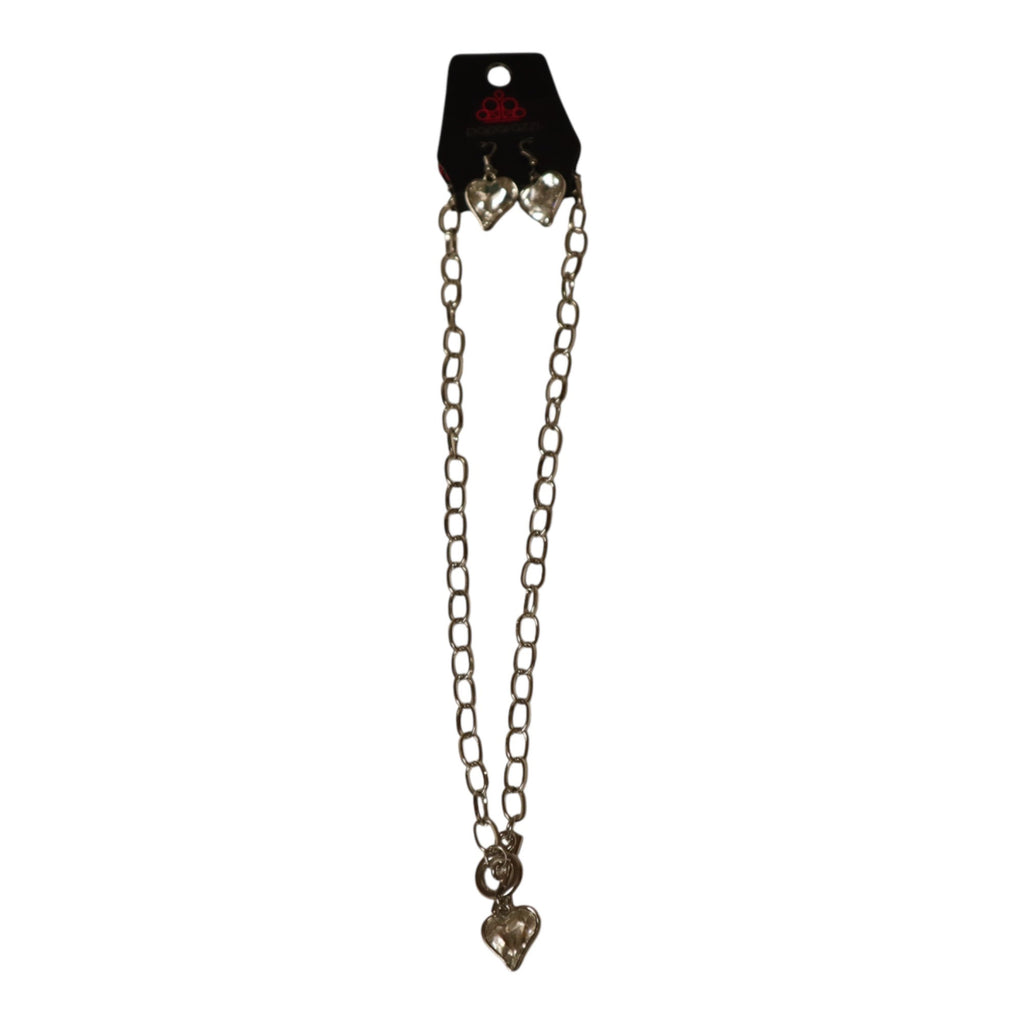 Silver Heart Pendant Necklace & Earrings Set With Toggle Clasp