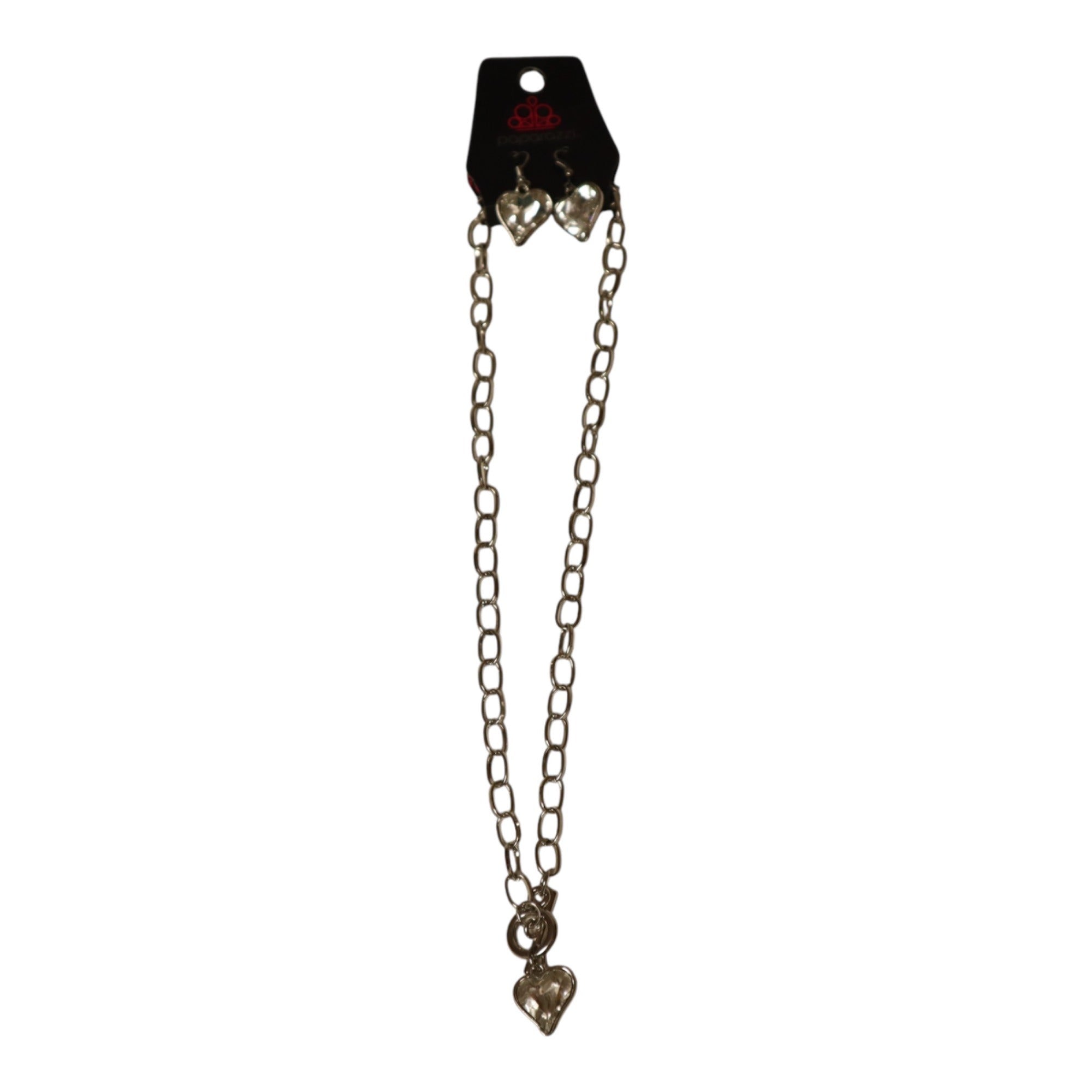 Silver Heart Pendant Necklace & Earrings Set With Toggle Clasp