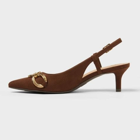 K-25 A New Day Size 10 Tabitha Oversized Chain Sling Back Heels in Brown Suede