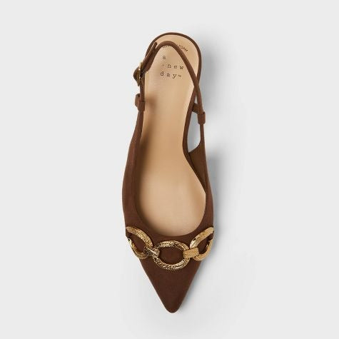 K-25 A New Day Size 10 Tabitha Oversized Chain Sling Back Heels in Brown Suede