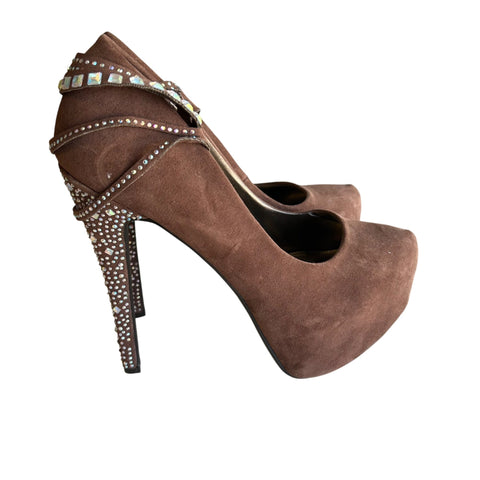 Speed Limit 98 Women's 7.5 Brown Suede Rhinestone Embellished Platform Stilettos