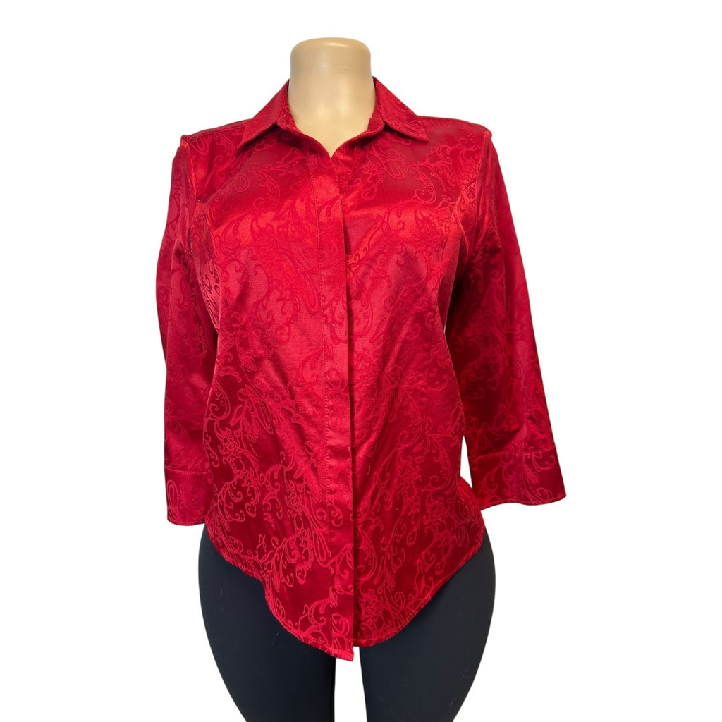 TG-13 Dana Buchman Womens Red Textured Button-Down Blouse Size 7.5