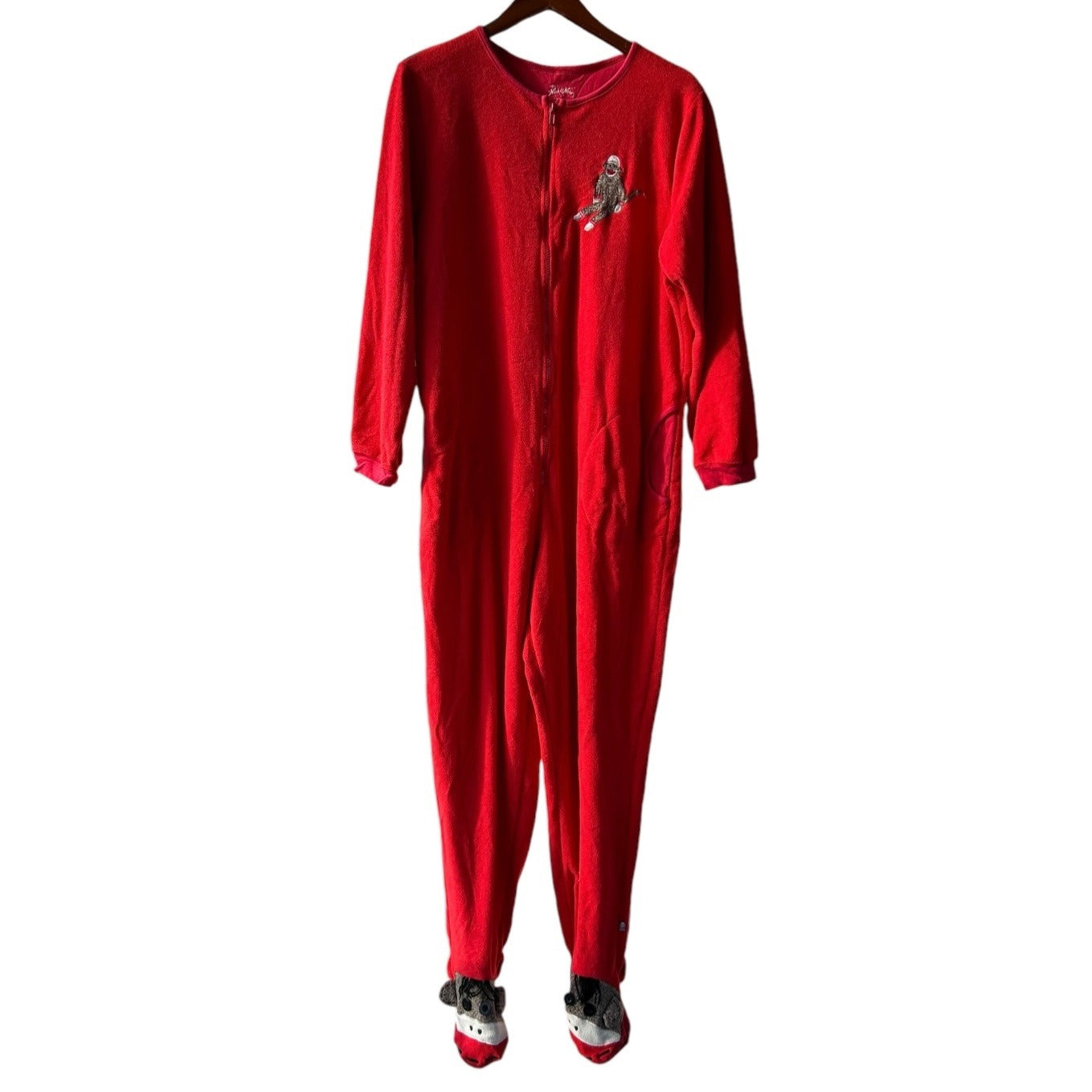 Nick & Nora Sleepwear Size Large Sock Monkey One Piece Footed Red Pajama Onesie