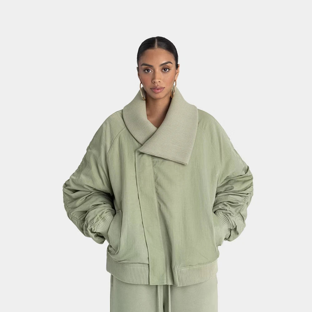 K-242 KBB by Kahlana Ribbed Collar Bomber Jacket Olive Green Size Large