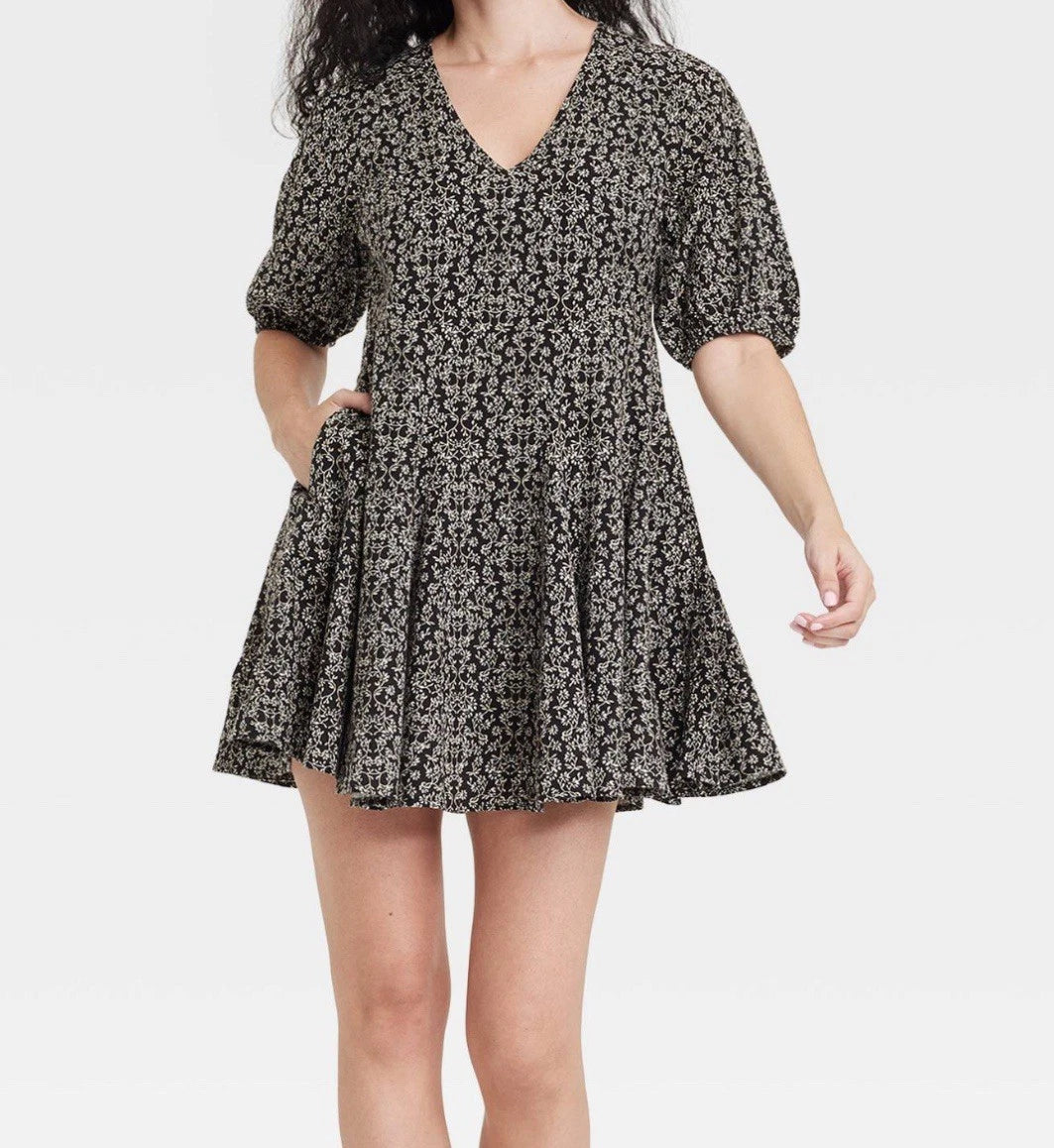 K-234 Universal Thread Puff Sleeve Floral Print Dress Black & White Size Medium