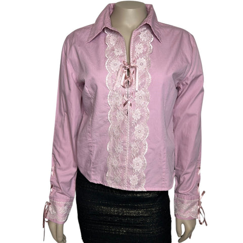 Andrew & Co Pink w/ Lace Trim Long Sleeves Collared T-Shirt Women's Size Medium