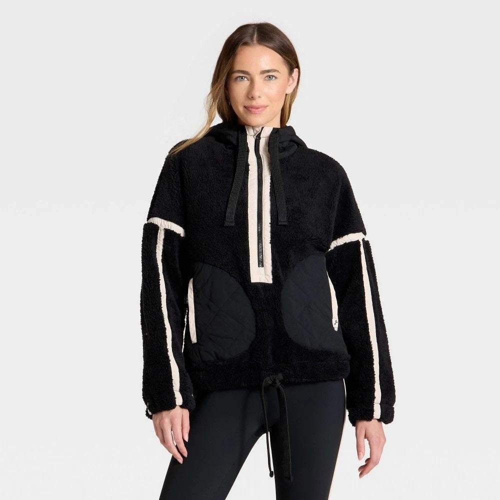K-158 JoyLab Contrast High Pile 1/2 Zip Jacket Black/Tan Women's Size XXS