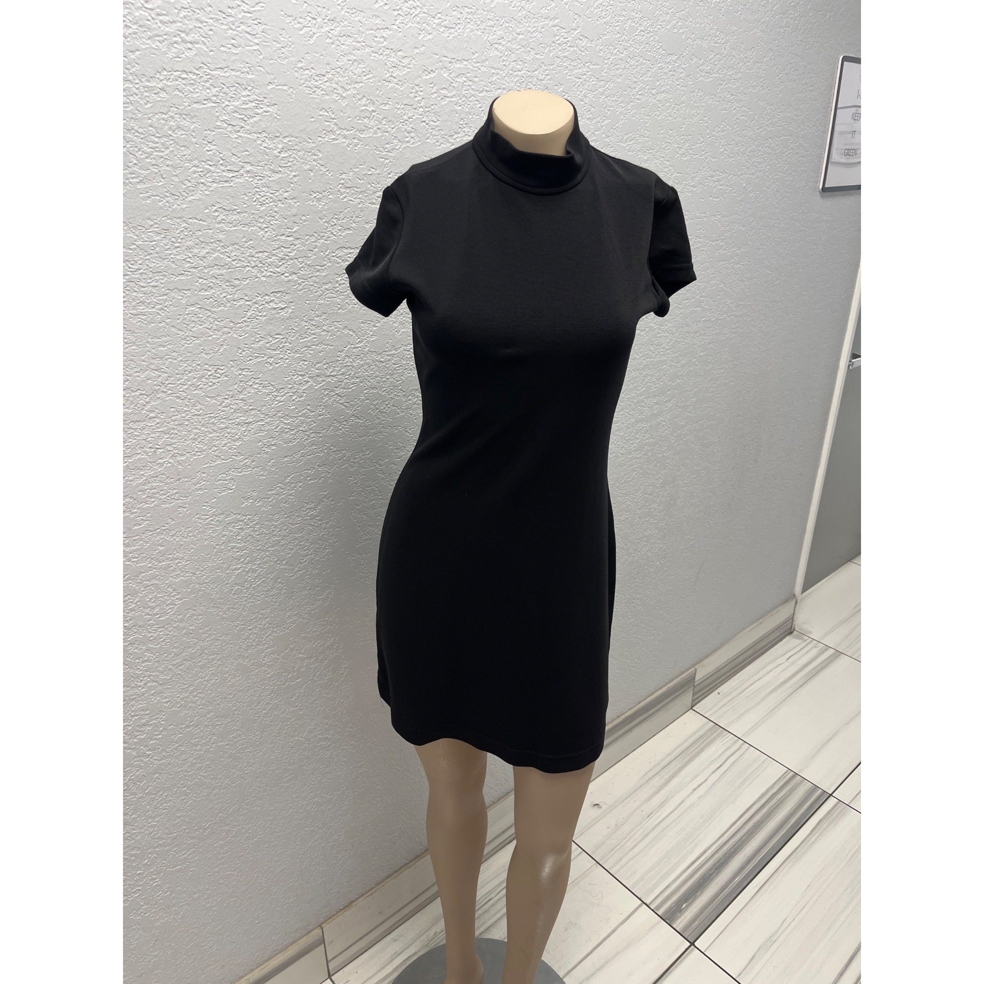 #1122 Tower Black Mock Neck Short Sleeve Mini Dress