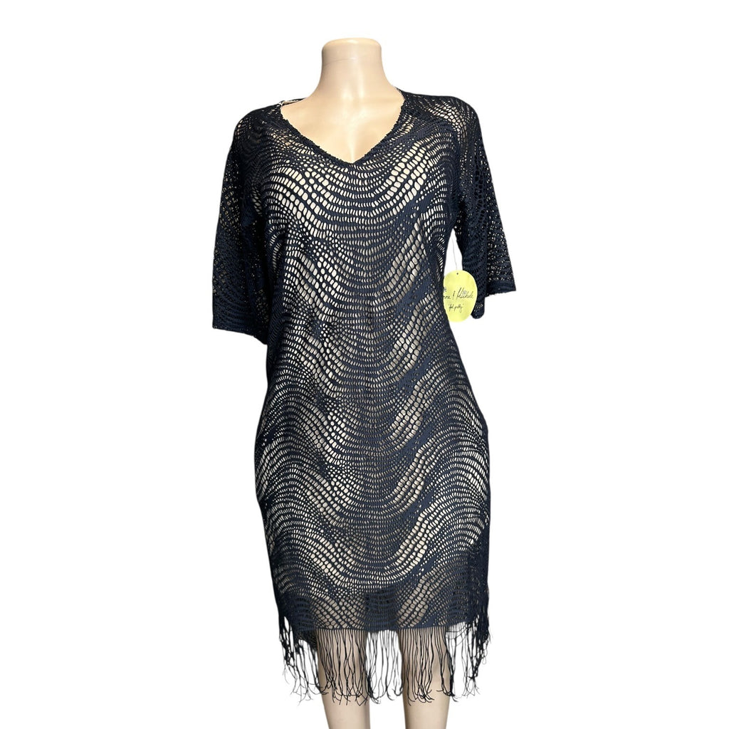 K-139 Emma & Michele Medium Black Crochet Fringe Dress V-Neck Short Sleeve
