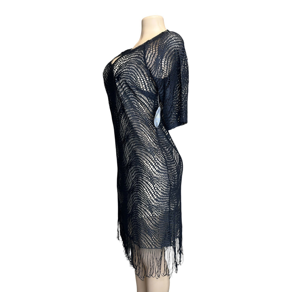 K-139 Emma & Michele Medium Black Crochet Fringe Dress V-Neck Short Sleeve