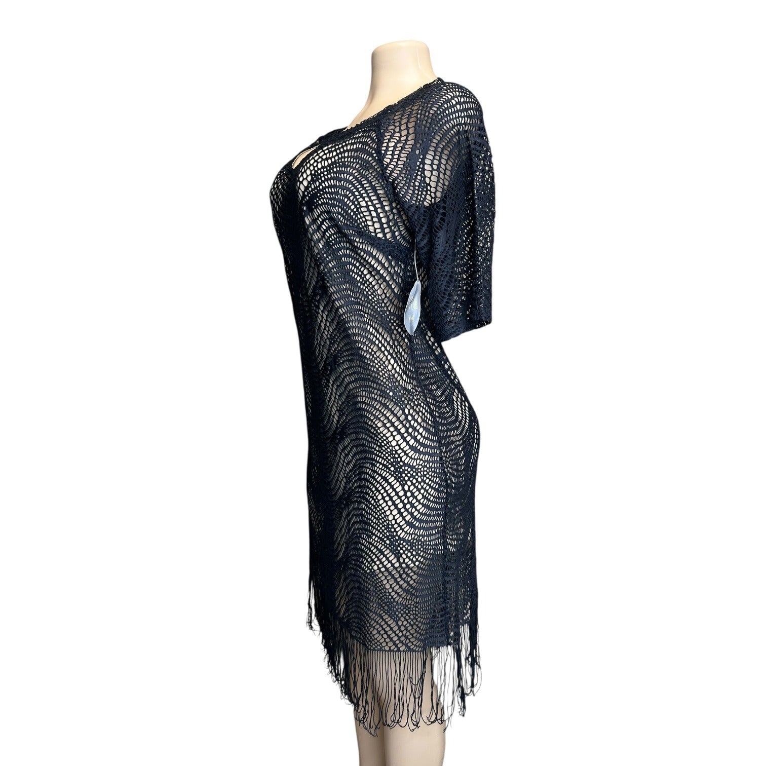 K-139 Emma & Michele Medium Black Crochet Fringe Dress V-Neck Short Sleeve