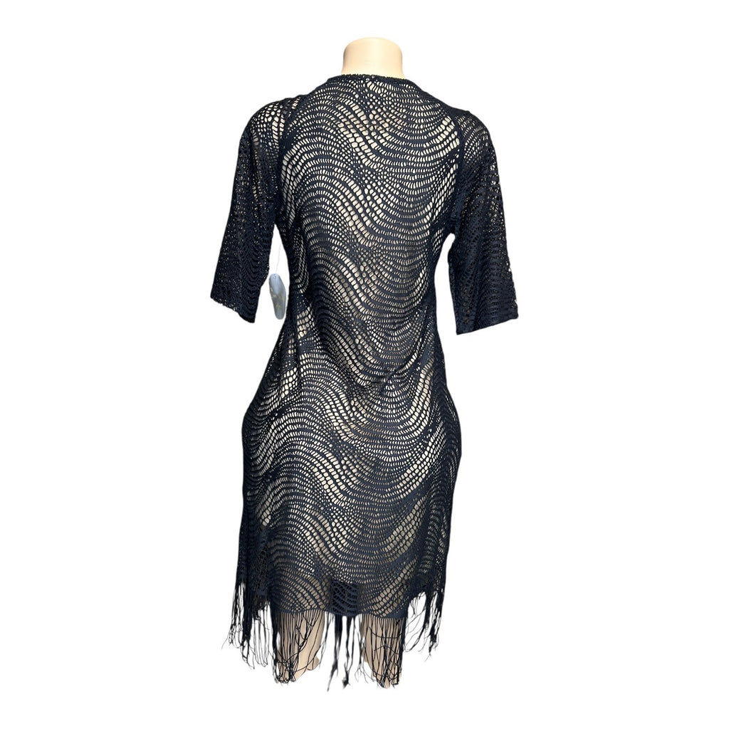 K-139 Emma & Michele Medium Black Crochet Fringe Dress V-Neck Short Sleeve