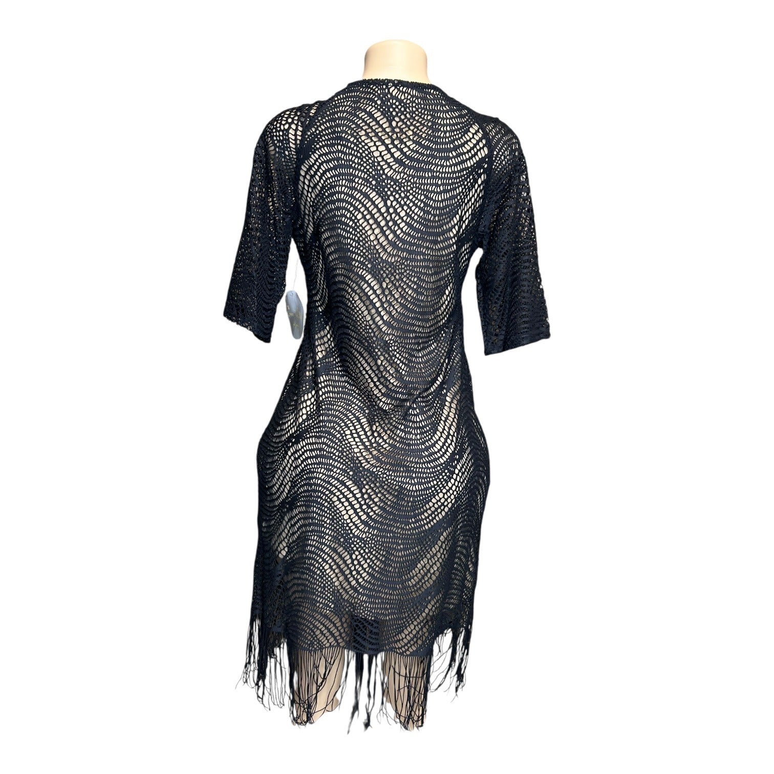 K-139 Emma & Michele Medium Black Crochet Fringe Dress V-Neck Short Sleeve