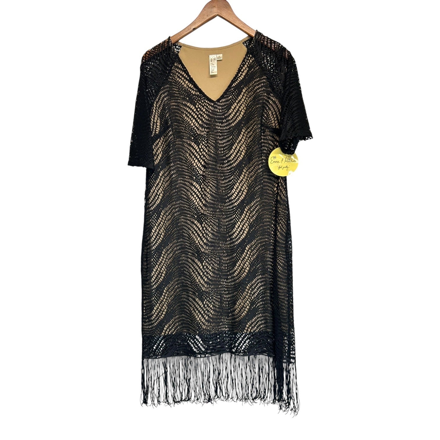 K-139 Emma & Michele Medium Black Crochet Fringe Dress V-Neck Short Sleeve