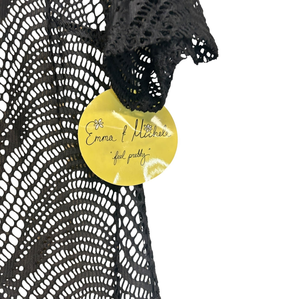 K-139 Emma & Michele Medium Black Crochet Fringe Dress V-Neck Short Sleeve
