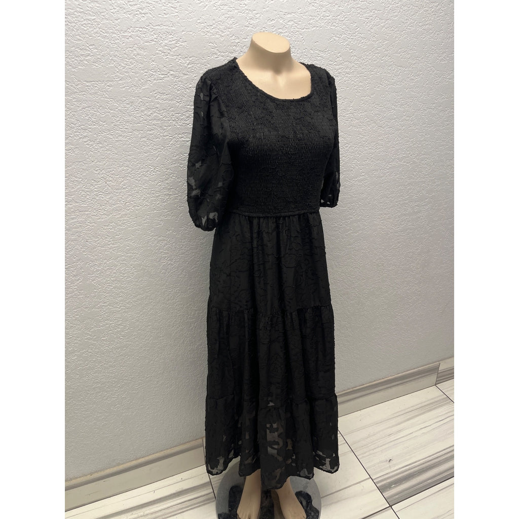 #1114 Merokeety Size M Black Floral Smocked Tiered Midi Dress