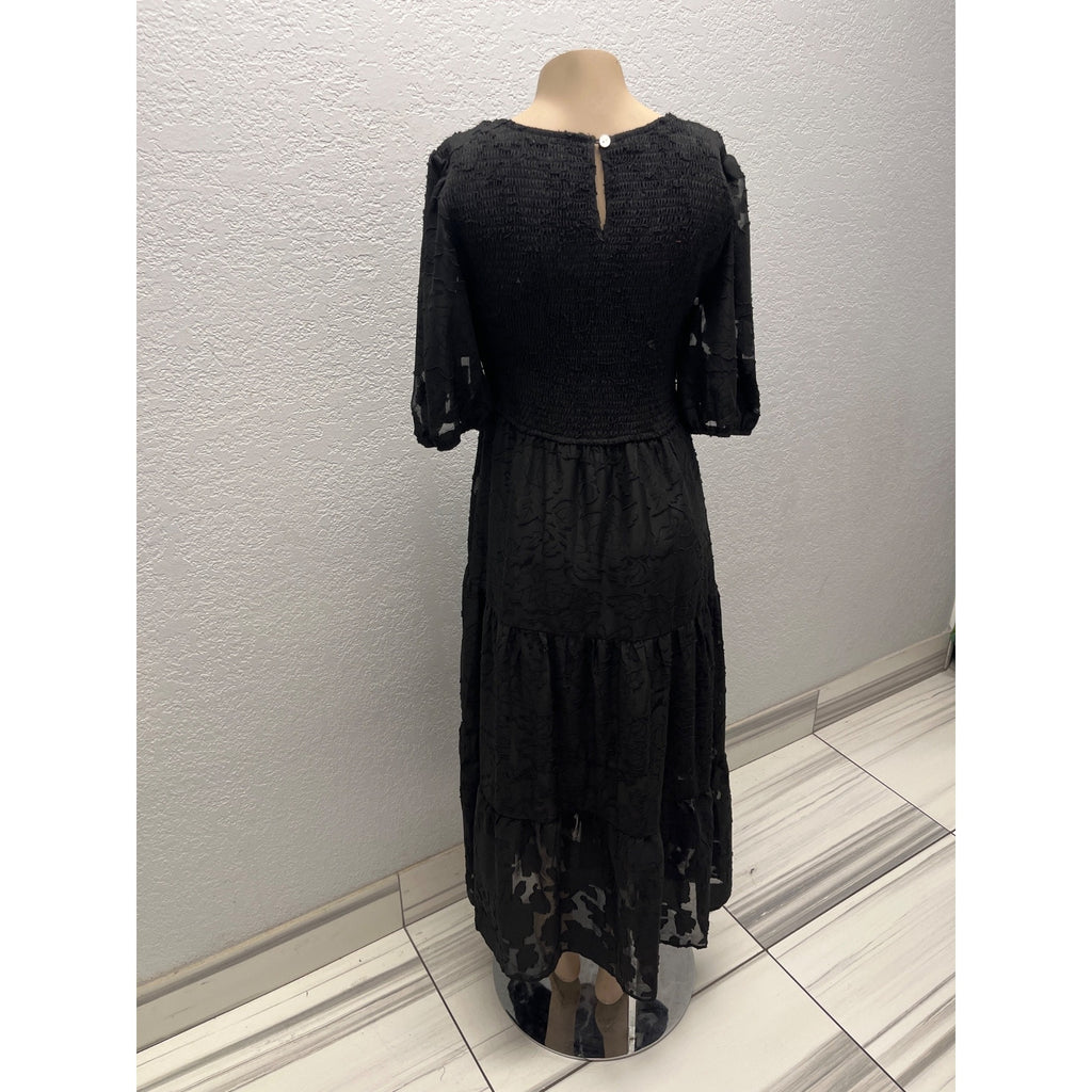 #1114 Merokeety Size M Black Floral Smocked Tiered Midi Dress