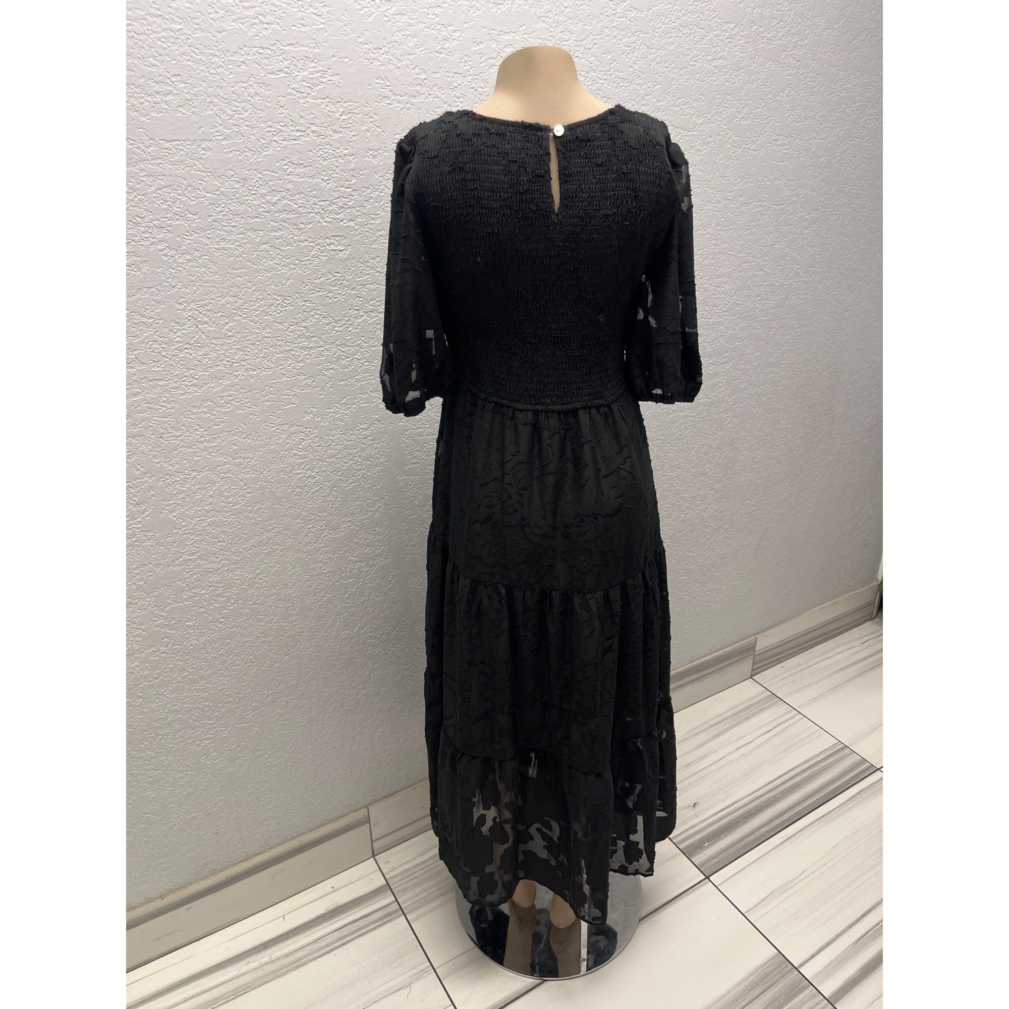 #1114 Merokeety Size M Black Floral Smocked Tiered Midi Dress