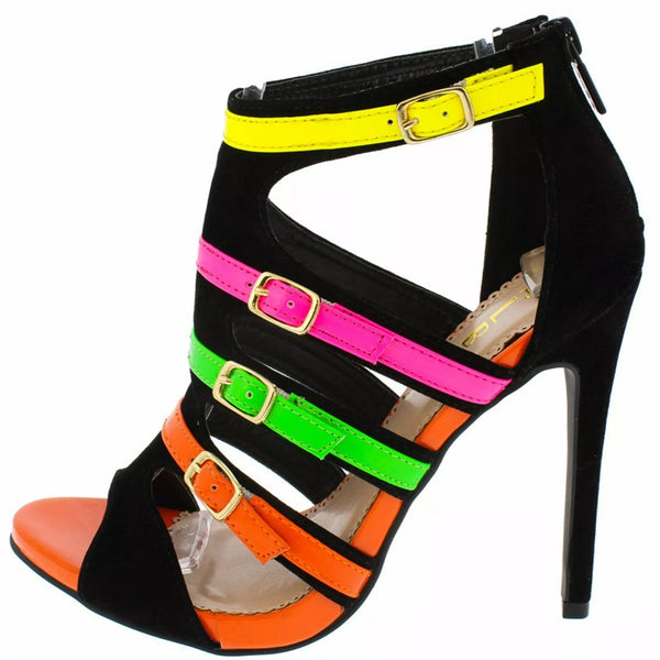 Alba Size 6.5 Multi-Colored Neon Strappy Buckled Peep Toe Stiletto Heel Sandals