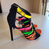 Alba Size 6.5 Multi-Colored Neon Strappy Buckled Peep Toe Stiletto Heel Sandals