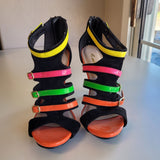 Alba Size 6.5 Multi-Colored Neon Strappy Buckled Peep Toe Stiletto Heel Sandals