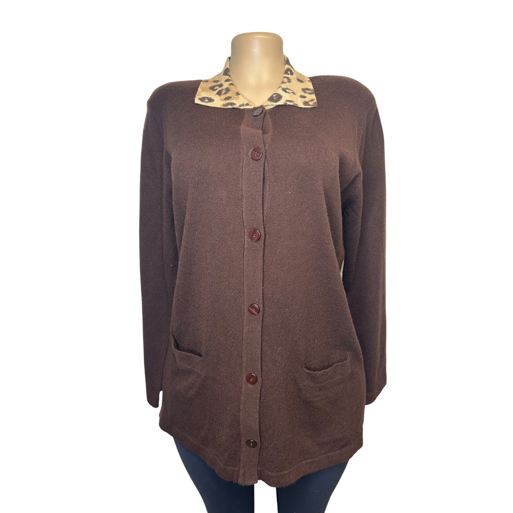TG-36 Laura Scott Women’s Brown Cardigan With Leopard Print Collar Size Medium