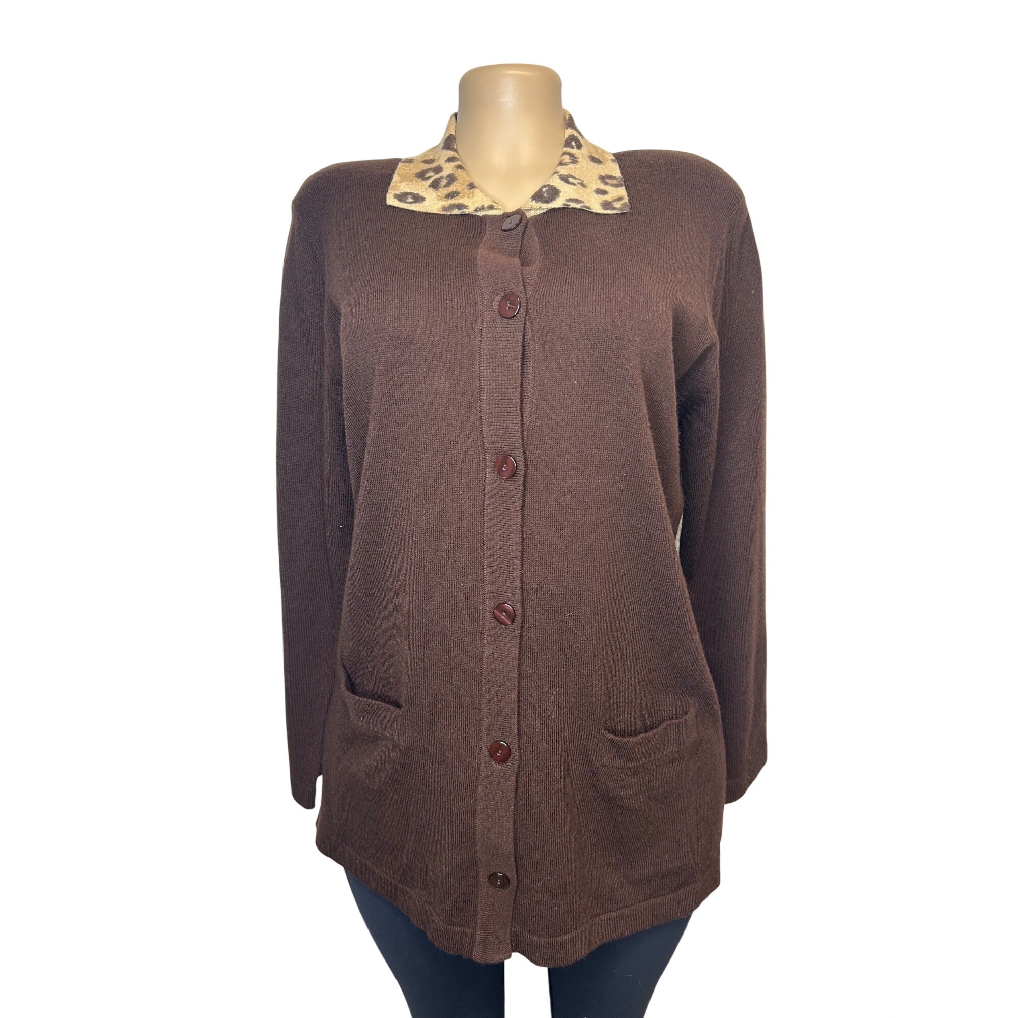 TG-36 Laura Scott Women’s Brown Cardigan With Leopard Print Collar Size Medium