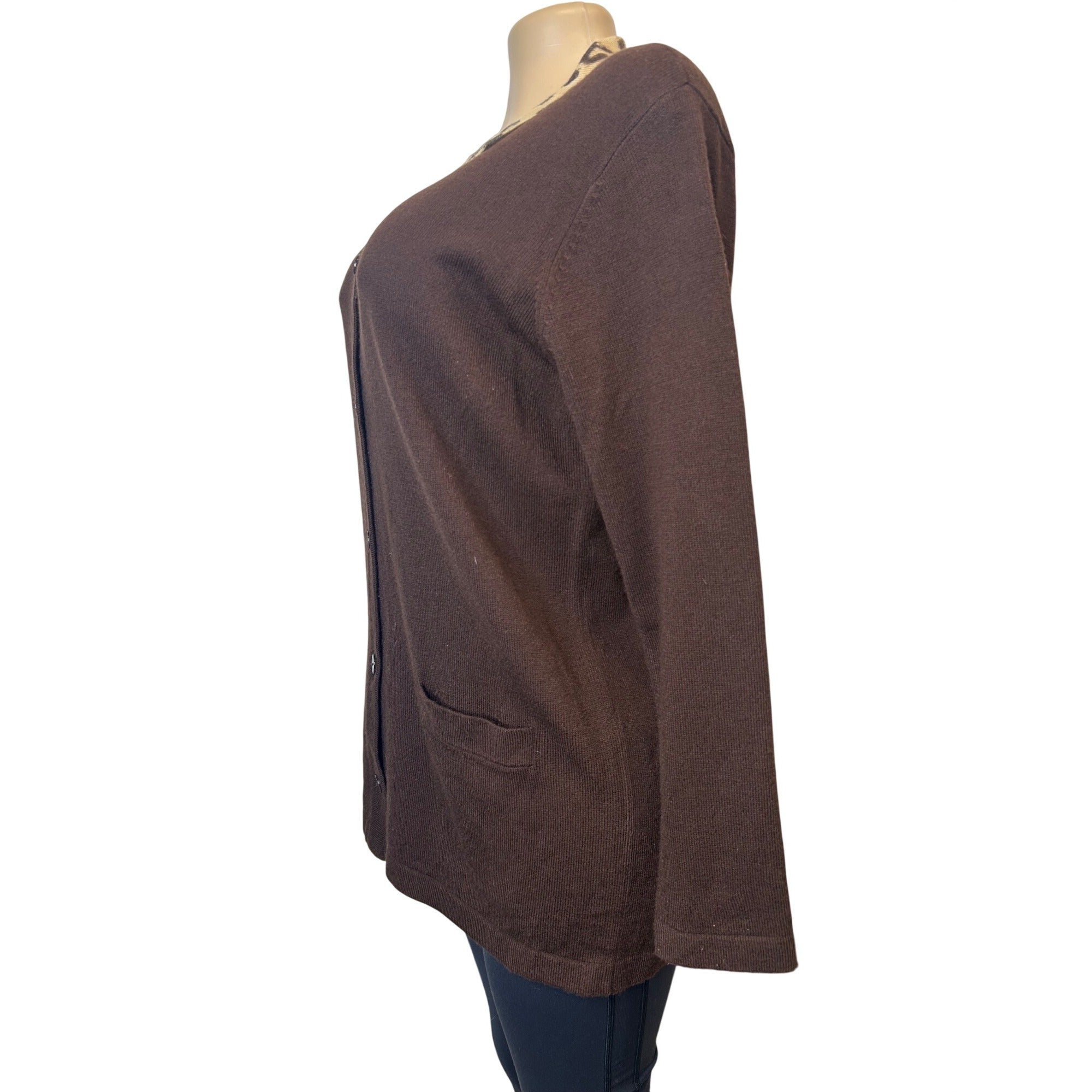 TG-36 Laura Scott Women’s Brown Cardigan With Leopard Print Collar Size Medium