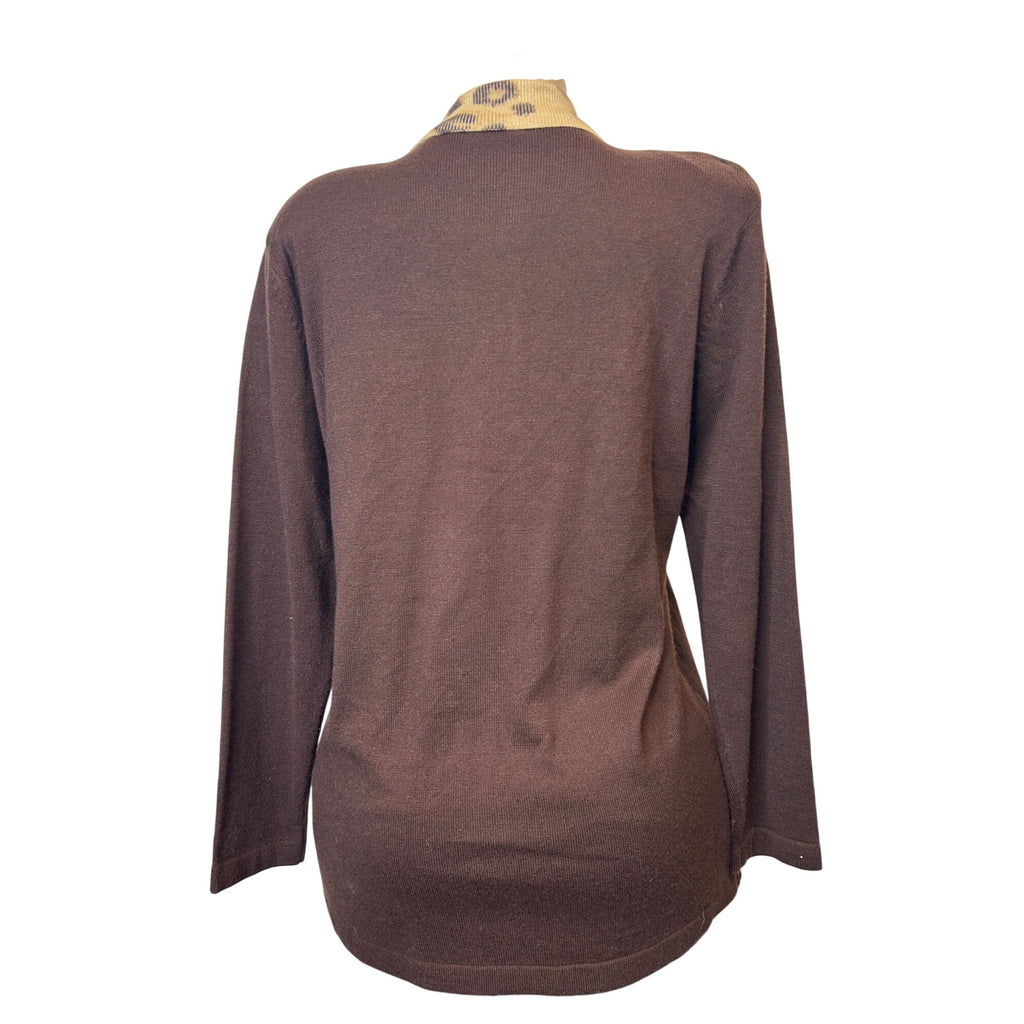 TG-36 Laura Scott Women’s Brown Cardigan With Leopard Print Collar Size Medium