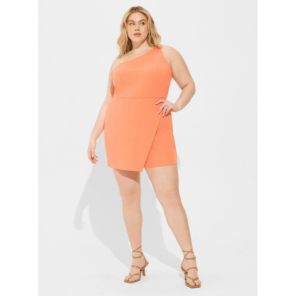 #1086 One-Shoulder Size XL Coral Romper With Wrap Detail