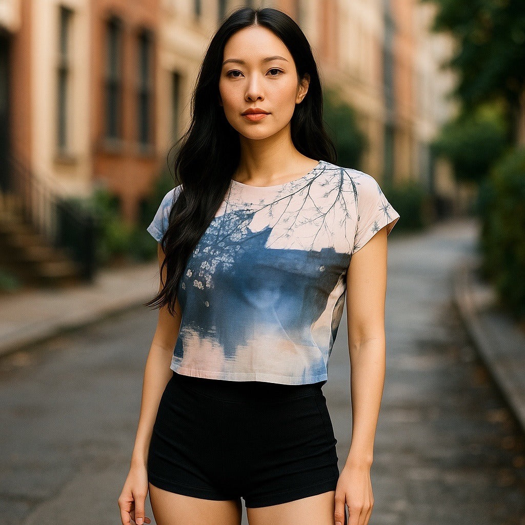 Womens Cropped Blouse With Scenic Print Short Sleeve Ivory & Blue