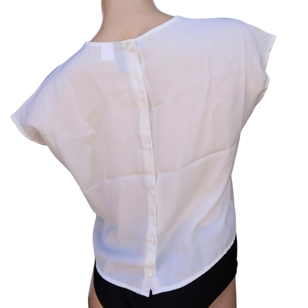 Womens Cropped Blouse With Scenic Print Short Sleeve Ivory & Blue