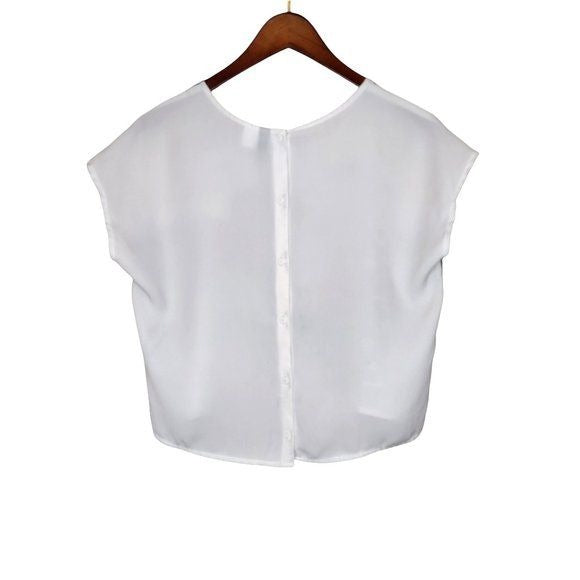 Womens Cropped Blouse With Scenic Print Short Sleeve Ivory & Blue