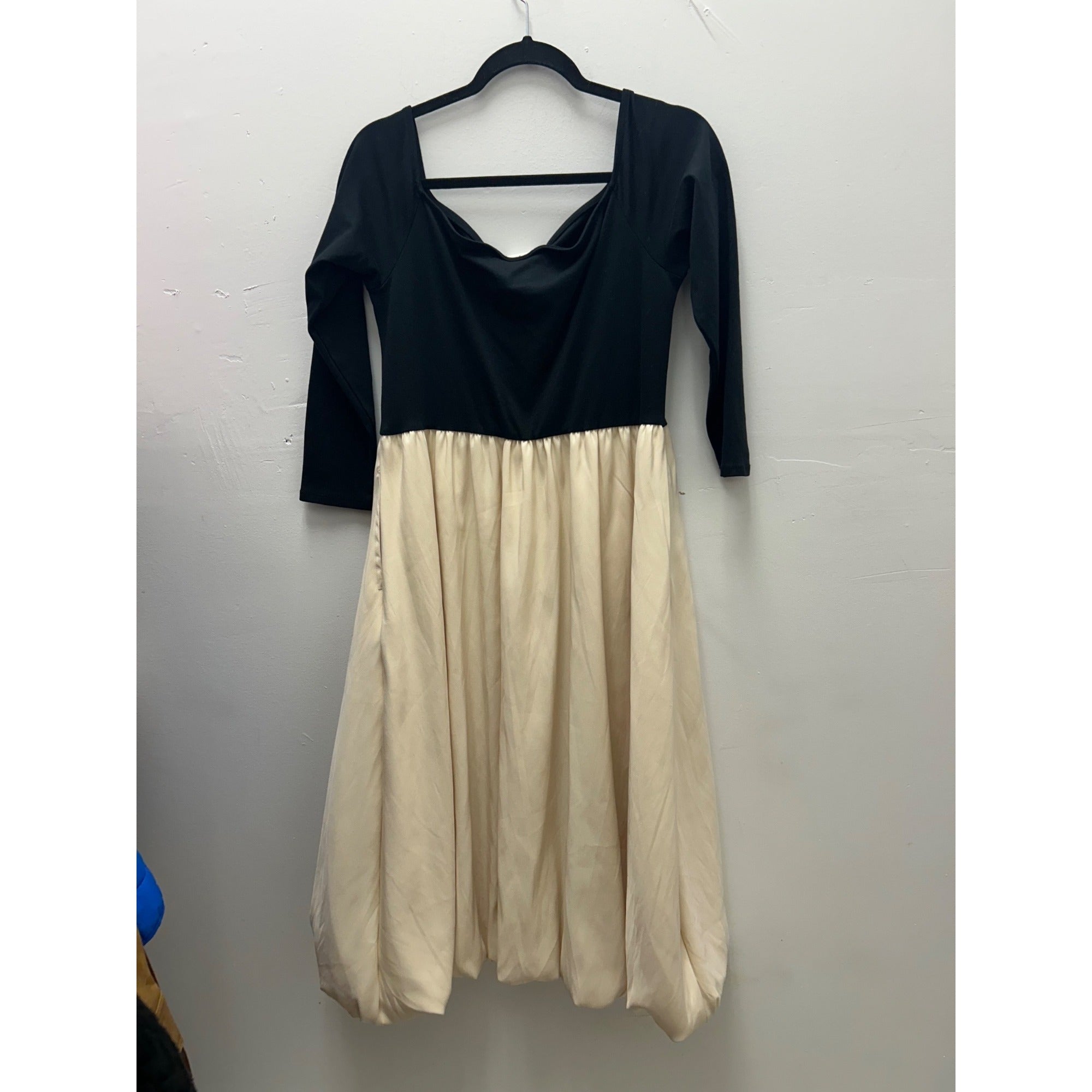 K-237 A New Day Women's Size L Colorblock Midi Dress Black Top & Cream Bubble Skirt