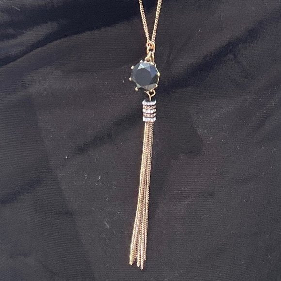 Gold-Tone Necklace & Black Crystal Stud Earrings Jewelry Set With Tassel Pendant