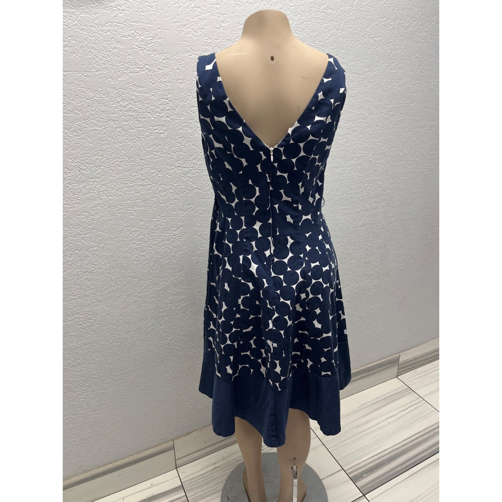 #1098 Nine West Navy & White Sleeveless A-Line Dress With Geometric Print V-Neck Size 8