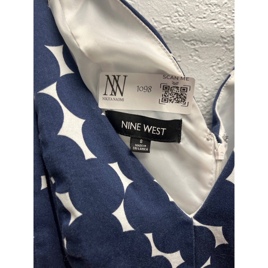 #1098 Nine West Navy & White Sleeveless A-Line Dress With Geometric Print V-Neck Size 8