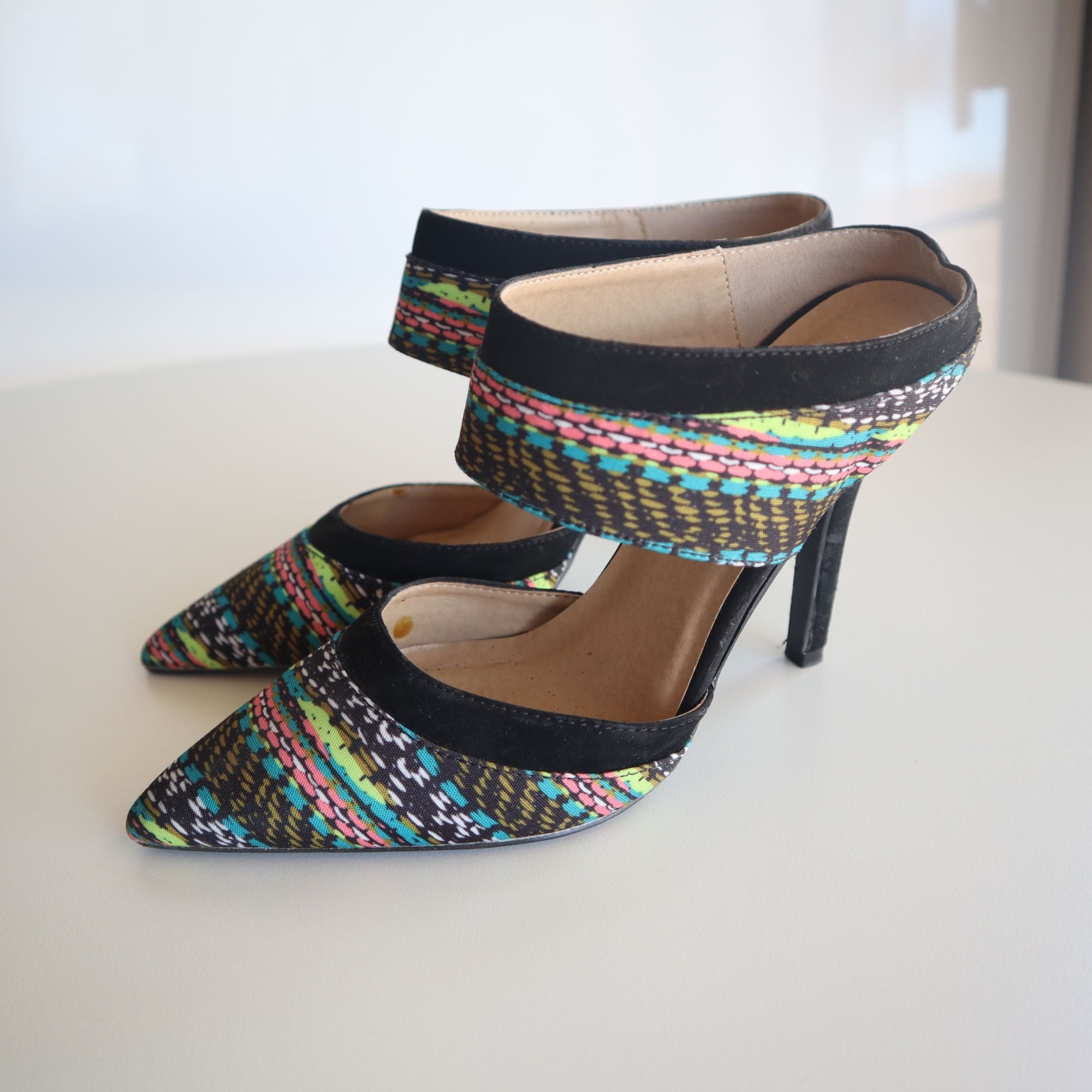 Multicolor Pointed Toe High Heel Mules By Qupid Size 7