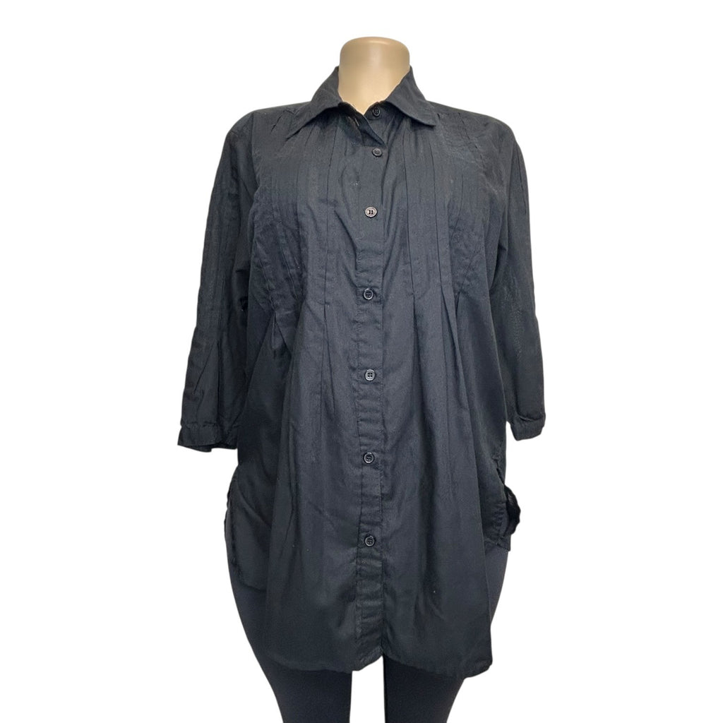 DG-102 Kommotion NY Petite Black Tunic-Length Button-Up Shirt Pintuck Details