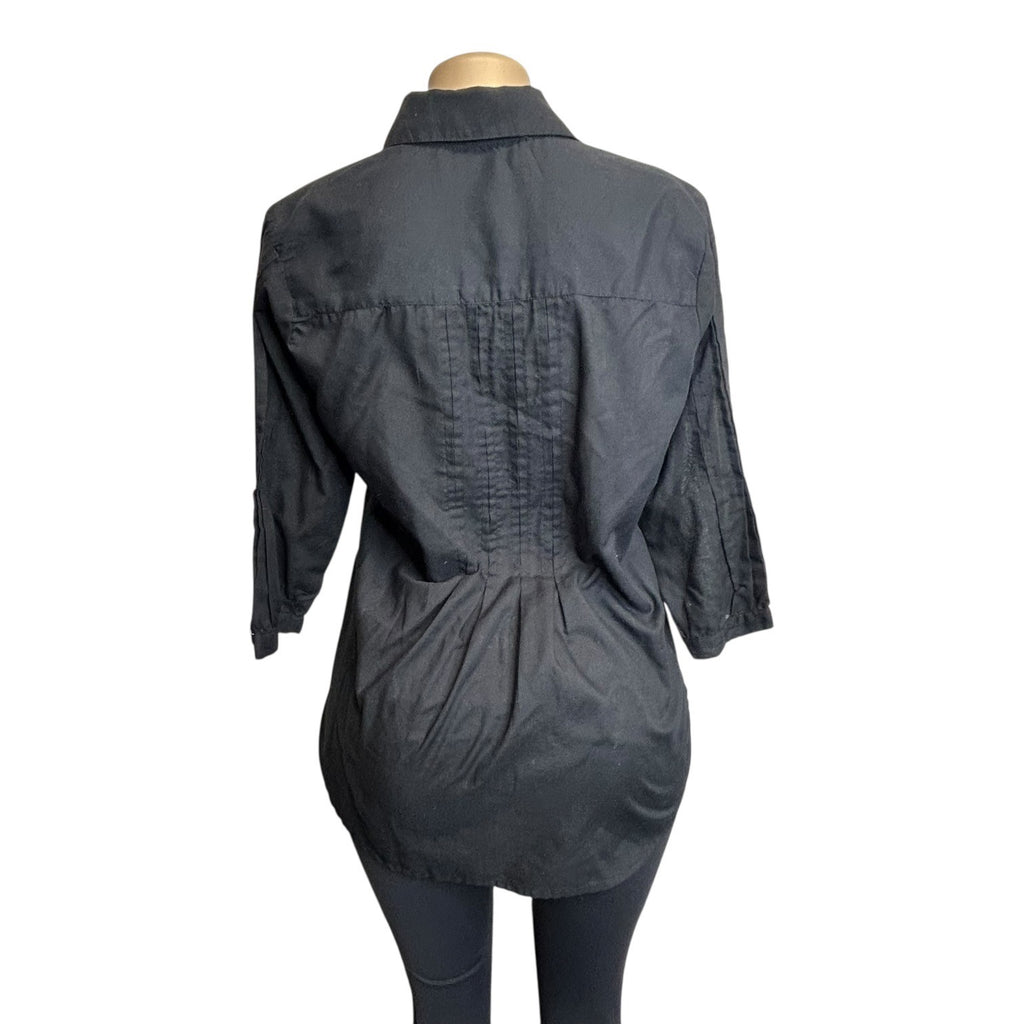 DG-102 Kommotion NY Petite Black Tunic-Length Button-Up Shirt Pintuck Details