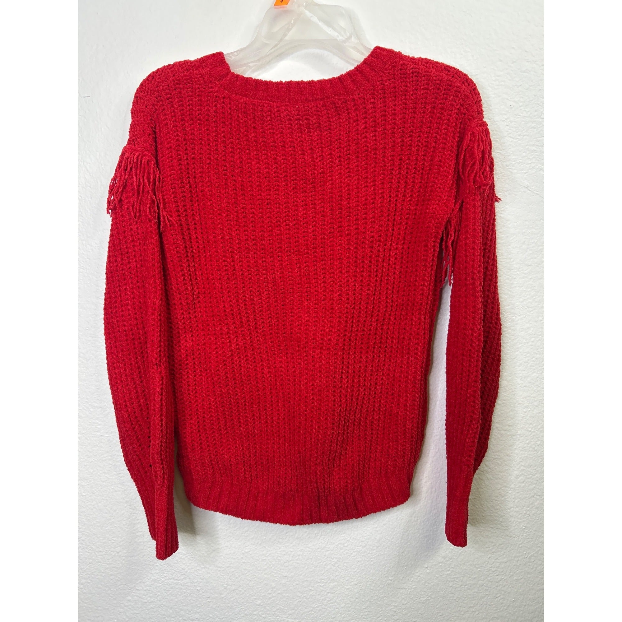 #1080 No Boundaries Red Chenille Fringe Sweater Medium (7-9) Soft Knit Crewneck