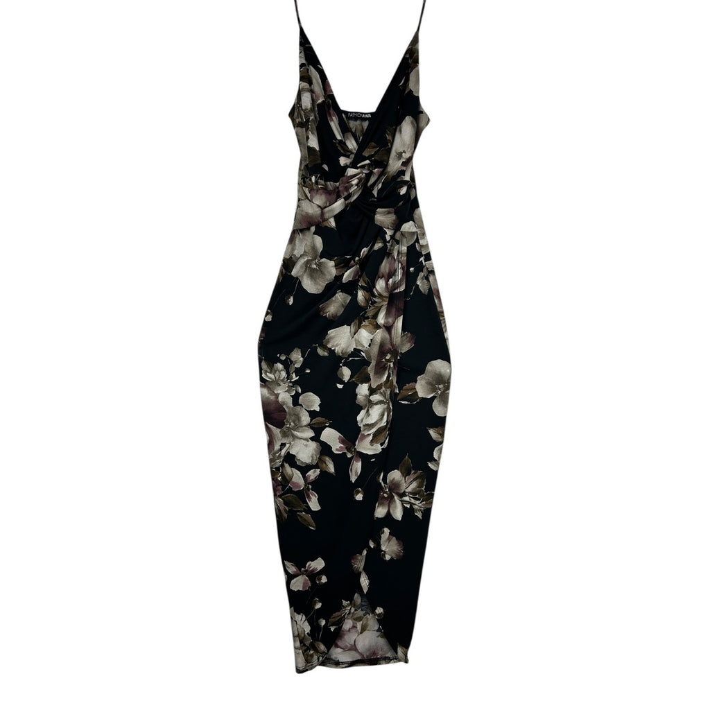Fashion Nova Black Floral Midi Dress With Spaghetti Straps & Draped Neckline Small