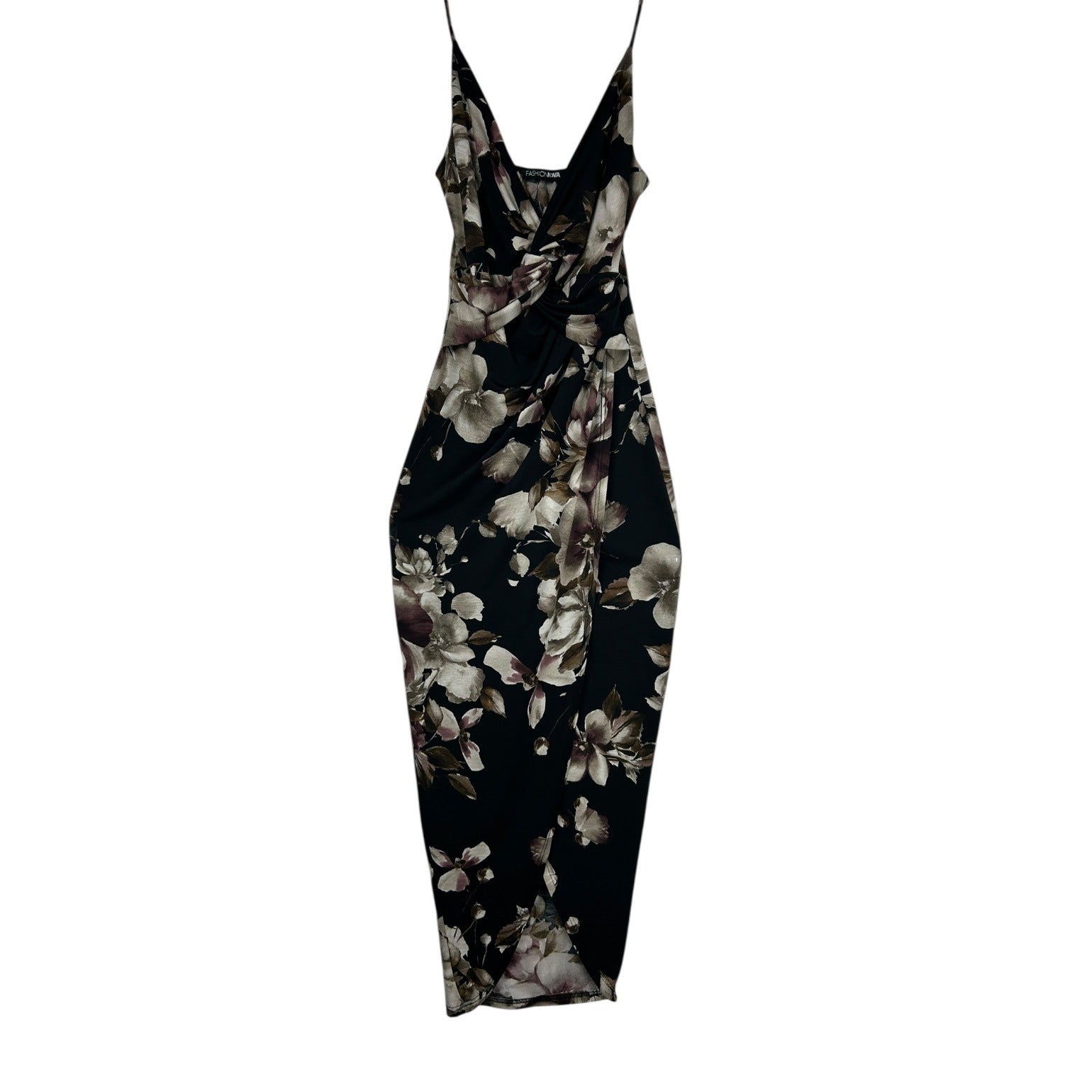 Fashion Nova Black Floral Midi Dress With Spaghetti Straps & Draped Neckline Small