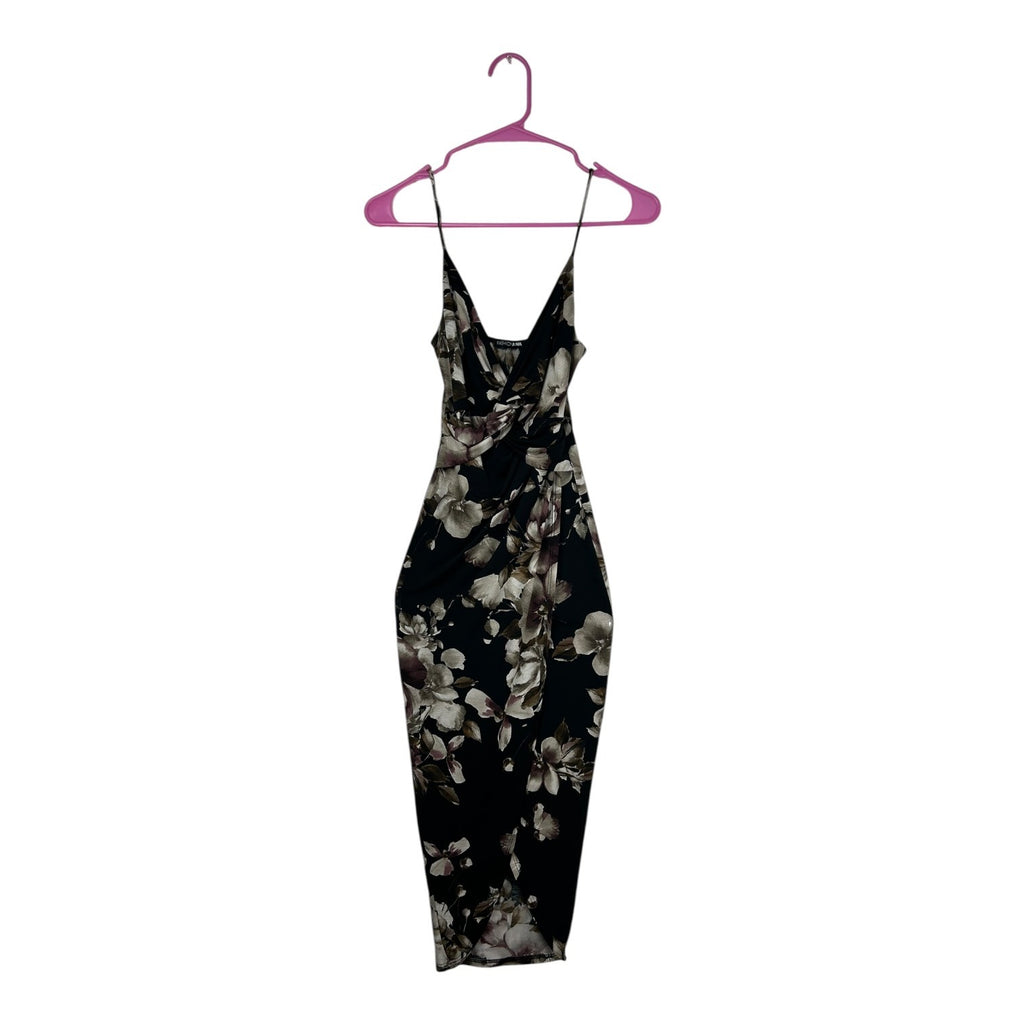 Fashion Nova Black Floral Midi Dress With Spaghetti Straps & Draped Neckline Small