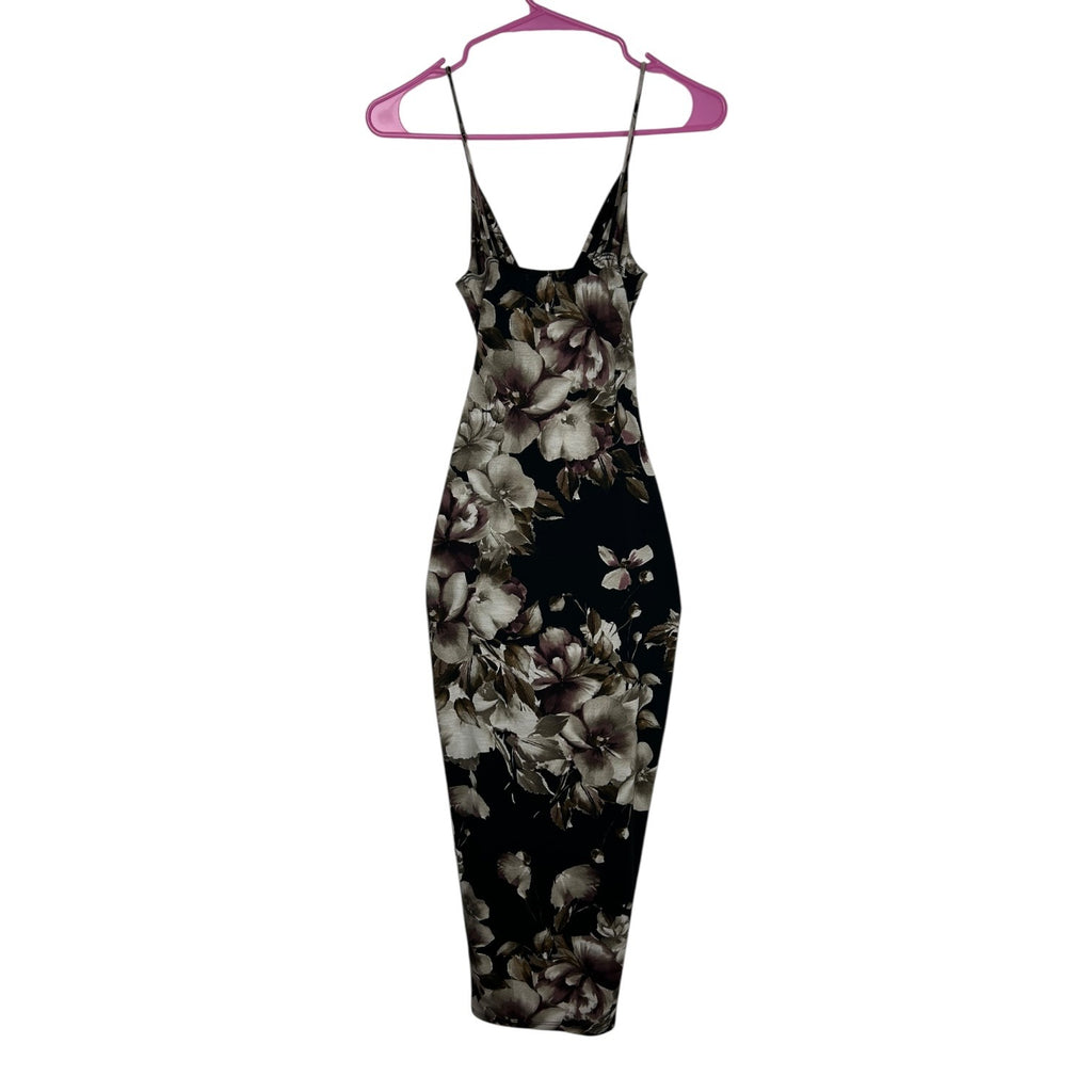 Fashion Nova Black Floral Midi Dress With Spaghetti Straps & Draped Neckline Small