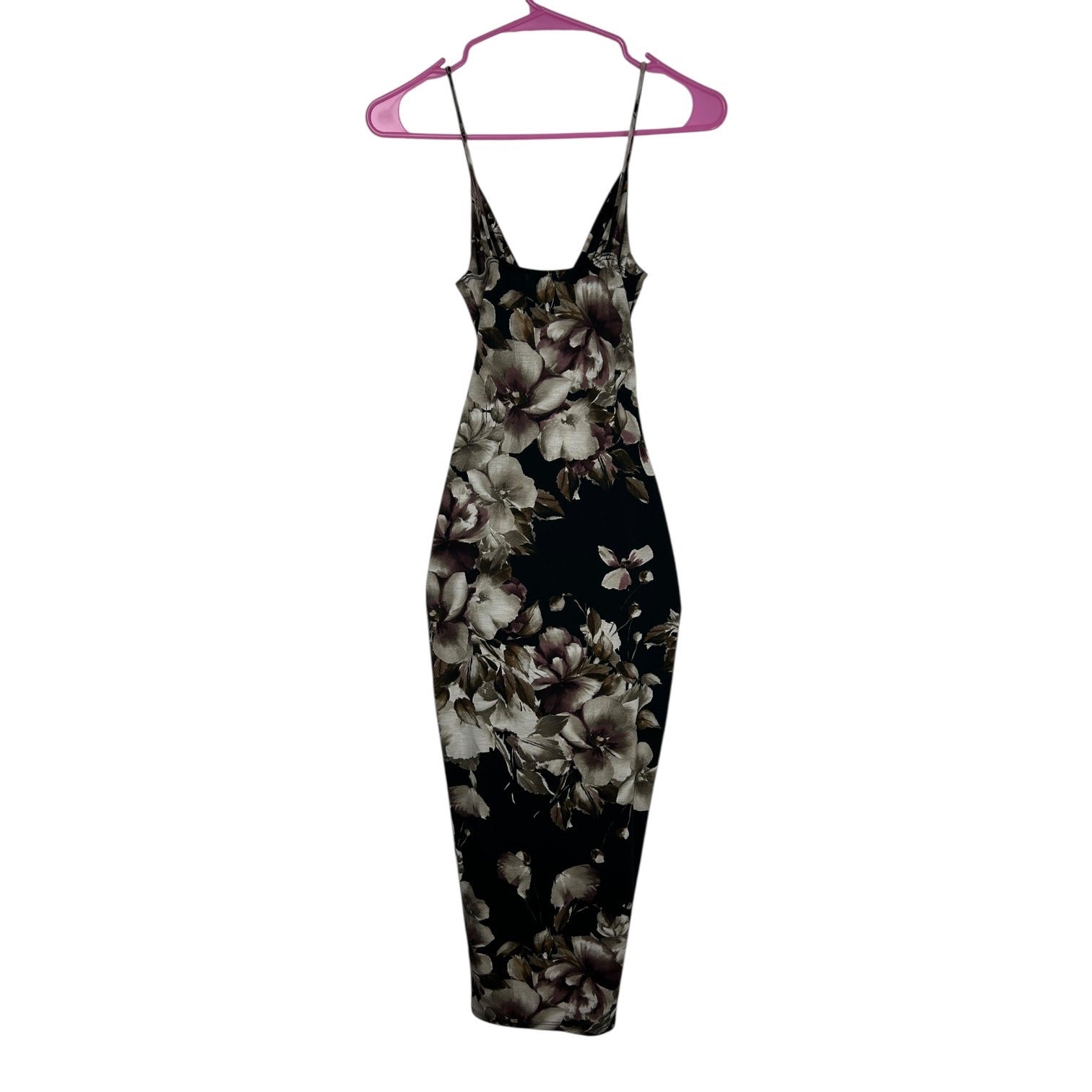 Fashion Nova Black Floral Midi Dress With Spaghetti Straps & Draped Neckline Small